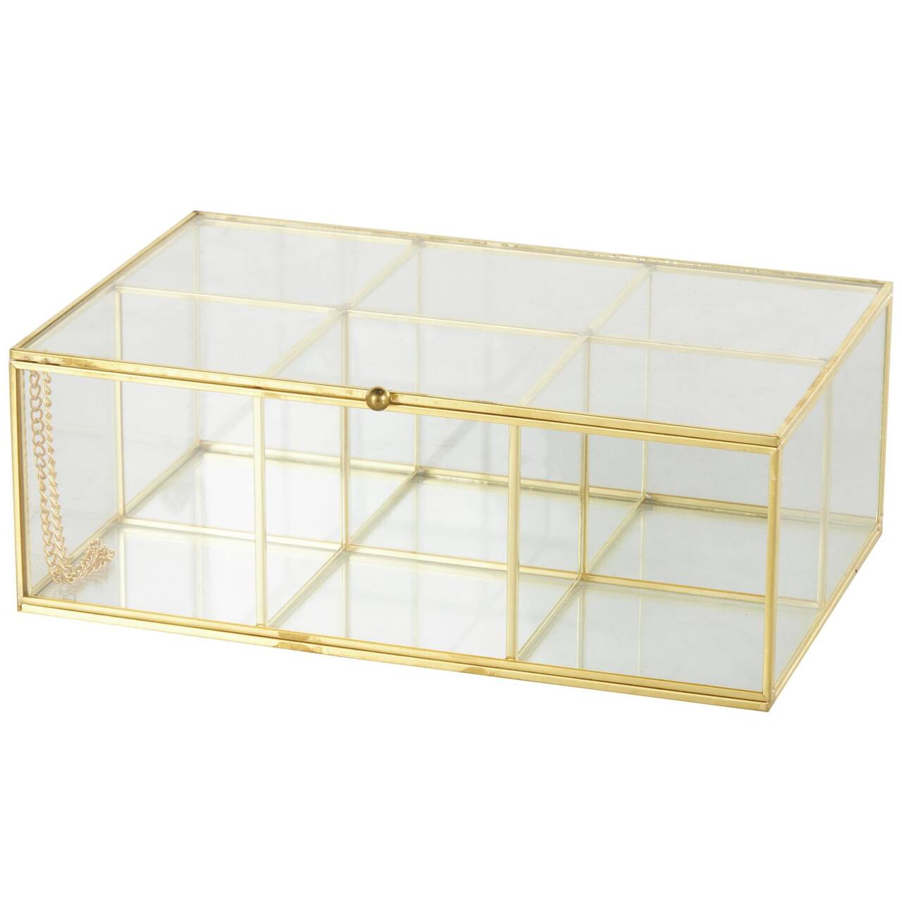 10" x 7" x 4" Clear & Gold 6-Slot Glass & Metal Jewelry Box with Chain Accent